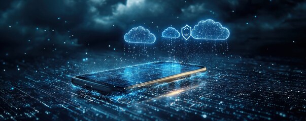 Digital smartphone showcasing secure cloud data integration and network connectivity