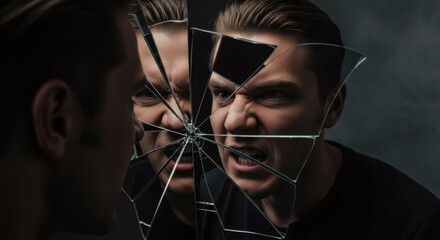 Male anger and frustration reflected in a broken mirror metaphor for a fragmented personality or emotional crisis