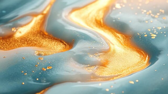 A close-up shot of a blue and gold liquid mixture with swirling patterns