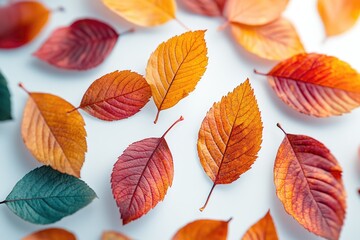 Obraz premium A beautiful top-down view of vibrant autumn leaves scattered across a light background. Rich reds, oranges, and yellows showcase the seasonal change, creating a colorful and serene natural pattern.