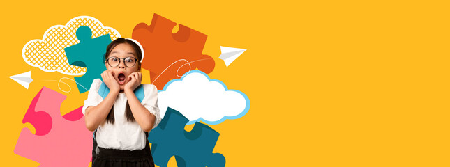 A young child wearing glasses shows excitement in a school setting. Bright colors and puzzle pieces create a fun atmosphere, encouraging creativity and learning.