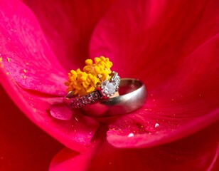 Two rings rest nestled on a vibrant pink flower petal, water droplets and yellow stamens in the center