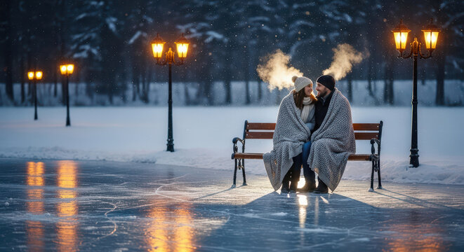 Romantic couple sitting on a bench in a snowy park at night, symbolizing the warmth of love and intimacy that overcomes the winter cold