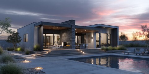 Modern single-story house design with sleek lines and gray accents situated in a tranquil outdoor environment at sunset