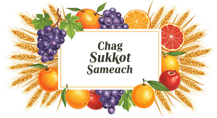 Festive Sukkot illustration on white background, harvest holiday
