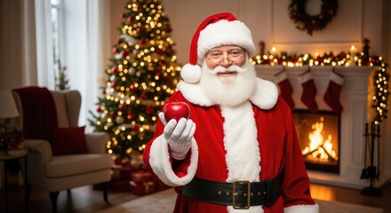 Santa Claus holds a red apple in a festive living room with a Christmas tree.