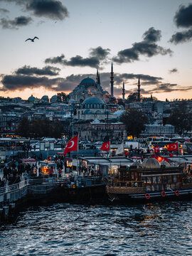 View of twilight descends on a bustling waterfront, silhouetting the majestic S&Atilde;&frac14;leymaniye Mosque against a soft sky, boats bobbing gently in the foreground, Istanbul, &Auml;&deg;stanbul, T&Atilde;&frac14;rkiye.