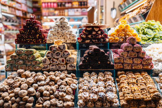 View of an array of Turkish delight sweets arranged in neat rows, each pile a vibrant mosaic of color and texture, tempting the senses, Istanbul, &Auml;&deg;stanbul, T&Atilde;&frac14;rkiye.