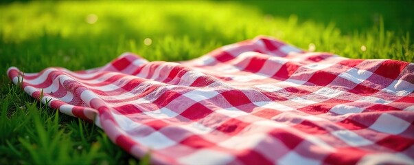 Checkered Picnic Blanket on Lush Green Grass, Ready for a Relaxing Summer Meal