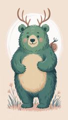 Cartoon flat illustration of a fabulous funny green bear with deer antlers on which a snail is crawling. Vector graphics. EPS.