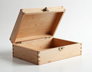 Open light wood box with metal clasp rests on white surface. Empty container shows grain texture and dovetail joints. Handmade gift case is ready for contents.