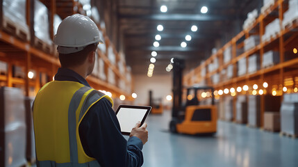 Warehouse Worker with Tablet: A worker in a hard hat and safety vest reviews inventory on a tablet in a large, well-lit warehouse with a forklift in the background.
