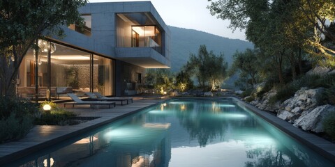 Fototapeta premium Modern architectural design of a stylish house with large windows and a swimming pool surrounded by greenery and natural light