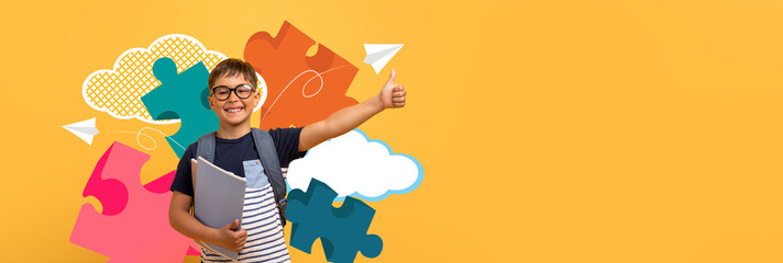 A cheerful child stands against a bright backdrop filled with colorful puzzle pieces and clouds, holding a binder and giving a thumbs up. This joyful scene captures the excitement of school.
