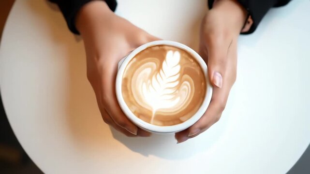 A top-down view of hands holding a cup of cappuccino with beautiful rosetta latte art on a white table in a cafe
