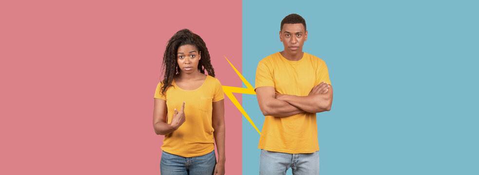 Two individuals stand divided by a colorful background, showing contrasting emotions. One person gestures while the other appears defensive.