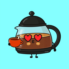 Coffee pot mascot character falling in love with hot drink