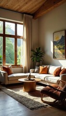 Cozy Living Room Interior Comfortable Furniture, Warm Lighting, and Natural Light Streaming Through Large Windows, Perfect for Relaxation and Entertainment