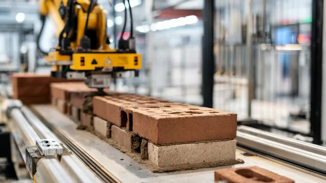 Automated bricklaying robot aligning and securing rows of bricks with speed and accuracy demonstrating efficiency in robotic construction methods.