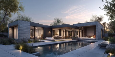 Obraz premium Modern single-story house design with sleek lines and gray accents situated in a tranquil outdoor environment at sunset