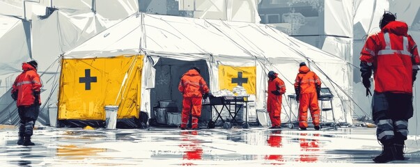 Fototapeta premium Emergency response team setting up disaster aid tents in an urban environment
