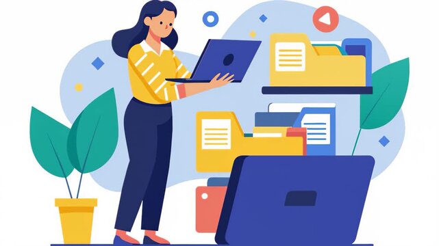 A woman standing in front of a laptop computer, inputting data files into a folder, A woman is inputting data files into a folder, Simple and minimalist flat 2d Animation