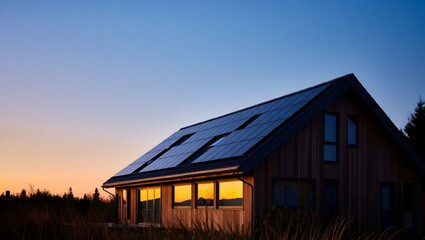 Modern wooden house with solar panels at sunset with warm interior lights