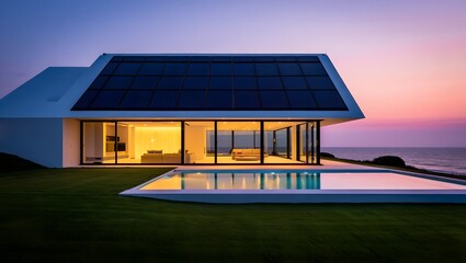 Modern luxury villa with infinity pool overlooking the ocean at sunset