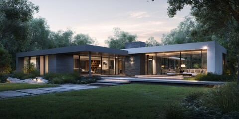 Fototapeta premium Modern single-story house design with sleek lines and gray accents situated in a tranquil outdoor environment at sunset