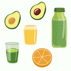 Set of groovy fruits and smoothies isolated : orange slices, green juice, avocado, flat vector