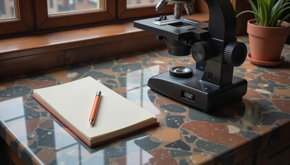 Laboratory microscope and notebook with pen on marble desk  