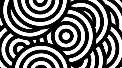 Overlapping Concentric Circles in a Chaotic Black and White Abstract Pattern.