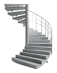 Rendered grayscale spiral staircase, concrete steps and metal railing, set against a black background
