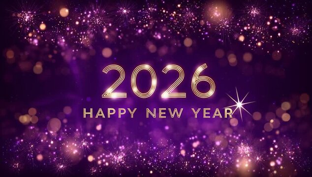 Sparkling golden bokeh particles background neon text Happy Happy New Year 2026 stars. numbers clock countdown, falling confetti glow light effects. Luxury festive sparkle holiday postcard, invitation