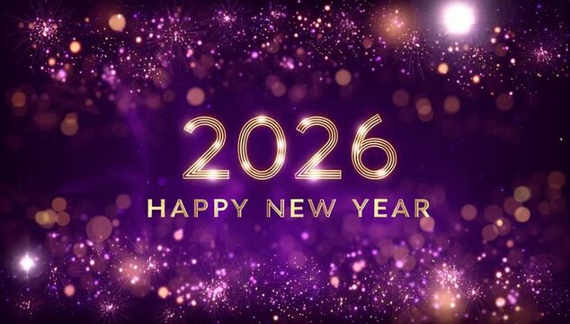 Sparkling golden bokeh particles background neon text Happy Happy New Year 2026 stars. numbers clock countdown, falling confetti glow light effects. Luxury festive sparkle holiday postcard, invitation
