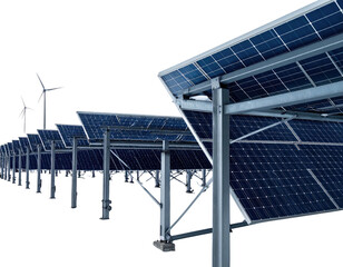 Array of solar panels and wind turbines generating power; perspective view against a black background