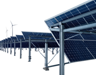 Array of solar panels and wind turbines generating power; perspective view against a black background