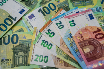 Pile of colorful euro money, symbol of financial success, European currency and economic investment growth