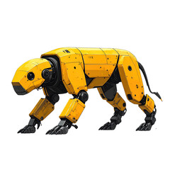 Robotic yellow feline strides forward, sleek design with black accents against black