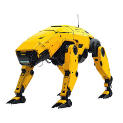 A yellow robotic quadruped with mechanical legs, a boxy torso, and a front sensor