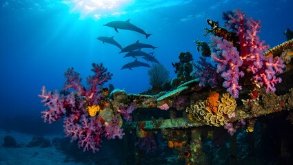 Obraz premium Dolphins swim gracefully above vibrant coral reef in clear blue ocean