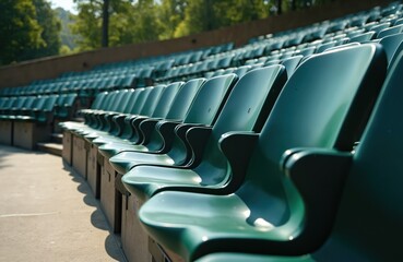 Fototapeta premium Empty green stadium seats form neat rows. This outdoor venue sits beneath trees, waiting for guests. Seats align in a long line, perspective showing many.
