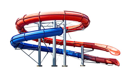 A colorful, twisting water slide with red and blue tubes against a transparent background