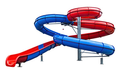 A water park slide with red and blue twisting tubes against a black background