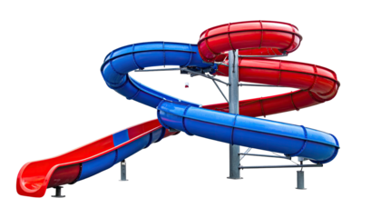 A water park slide with red and blue twisting tubes against a black background