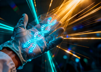 Fototapeta premium detalhe de mão com cromossomos e dna projetado com hologramas em laboratório do futuro