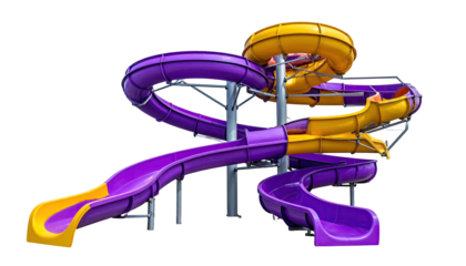 Colorful swirling water slide at an amusement park, with purple and yellow chutes and supports