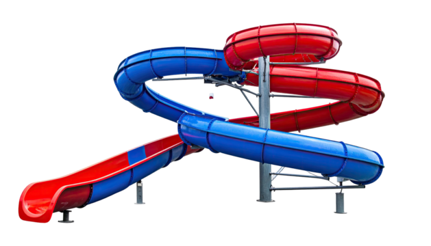 A water park slide with red and blue twisting tubes against a black background