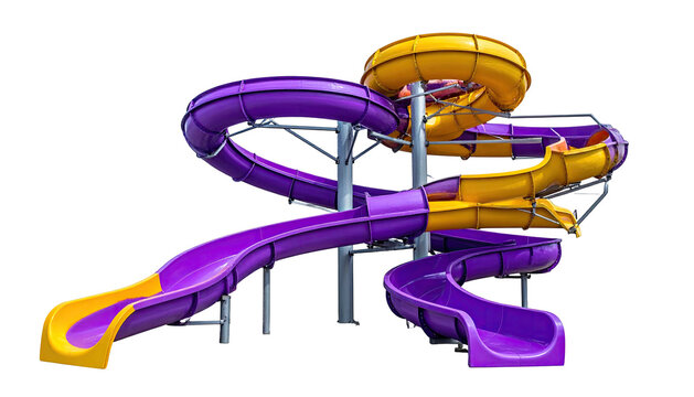 Colorful swirling water slide at an amusement park, with purple and yellow chutes and supports