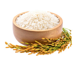 A wooden bowl overflows with white rice, beside a stalk of golden rice grains